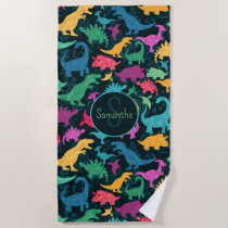 Girly Floral Dinosaur Silhouette Girls Beach Towel