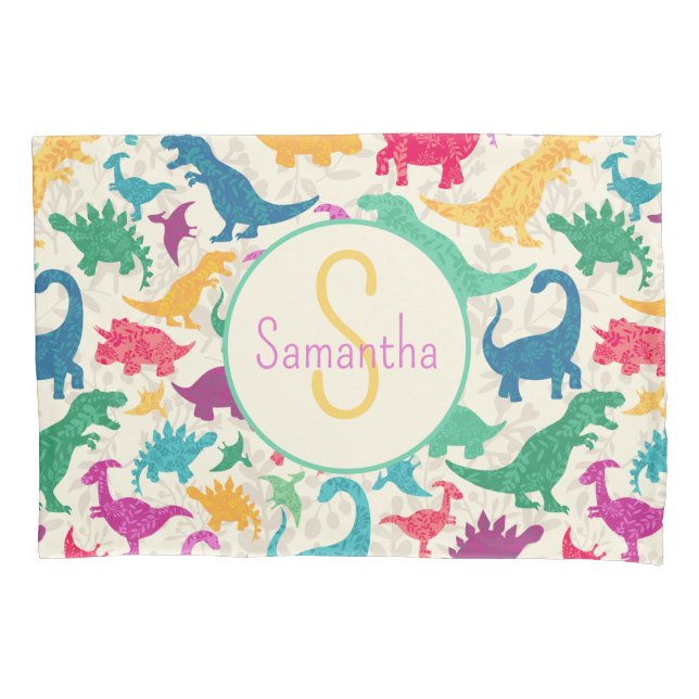Girly Floral Dinosaur Silhouette Girls Pillow Case (Front)