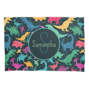 Girly Floral Dinosaur Silhouette Girls Pillow Case