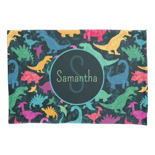 Girly Floral Dinosaur Silhouette Girls Pillow Case (Front)