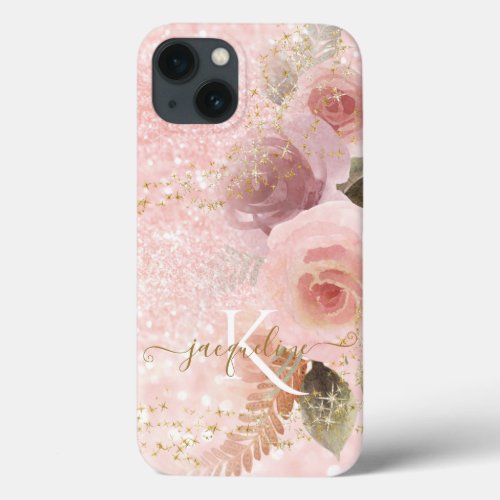 Girly Floral Elegant Pink Glitter Gold Stars Name iPhone 13 Case