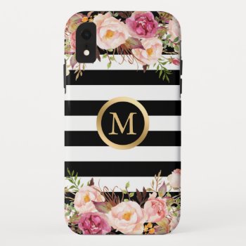 Girly Floral Gold Monogram Black White Stripes Iphone Xr Case by CityHunter at Zazzle