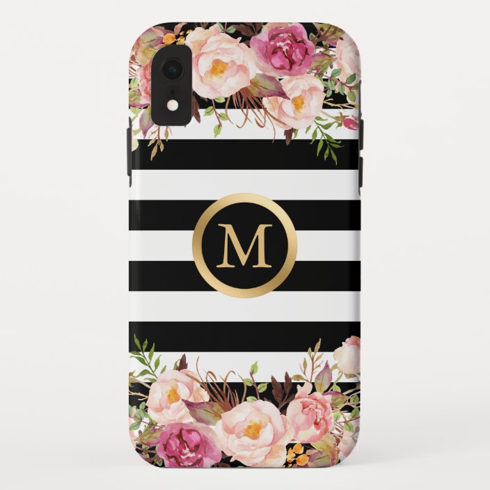 Girly Floral Gold Monogram Black White Stripes Case Mate Iphone