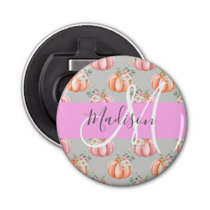 Girly Floral Gray Pink Peach Pumpkin Monogram Name Bottle Opener