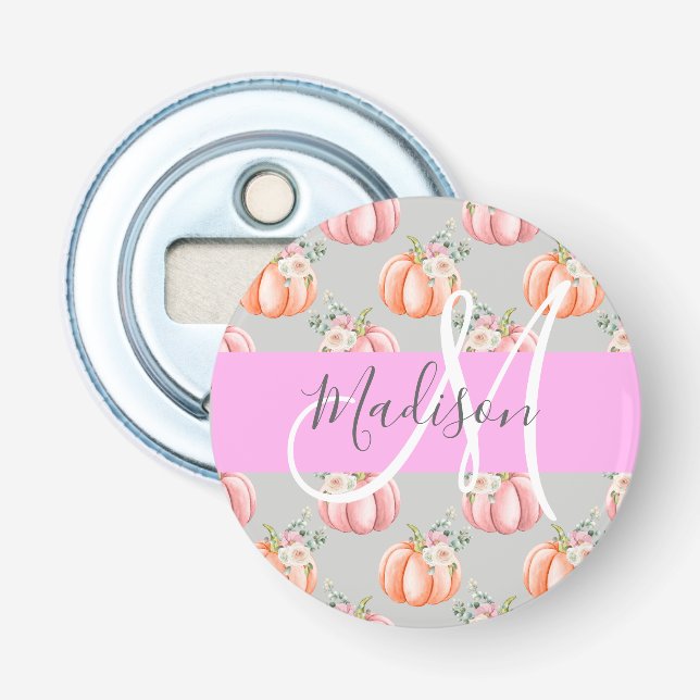 Girly Floral Gray Pink Peach Pumpkin Monogram Name Bottle Opener (Front)