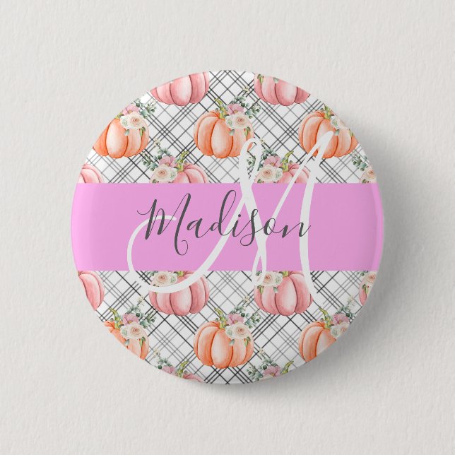 Girly Floral Gray Pink Peach Pumpkin Monogram Name Button (Front)
