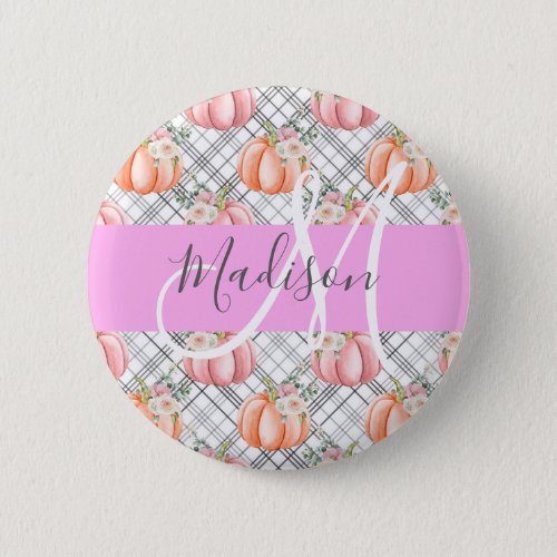 Girly Floral Gray Pink Peach Pumpkin Monogram Name Button