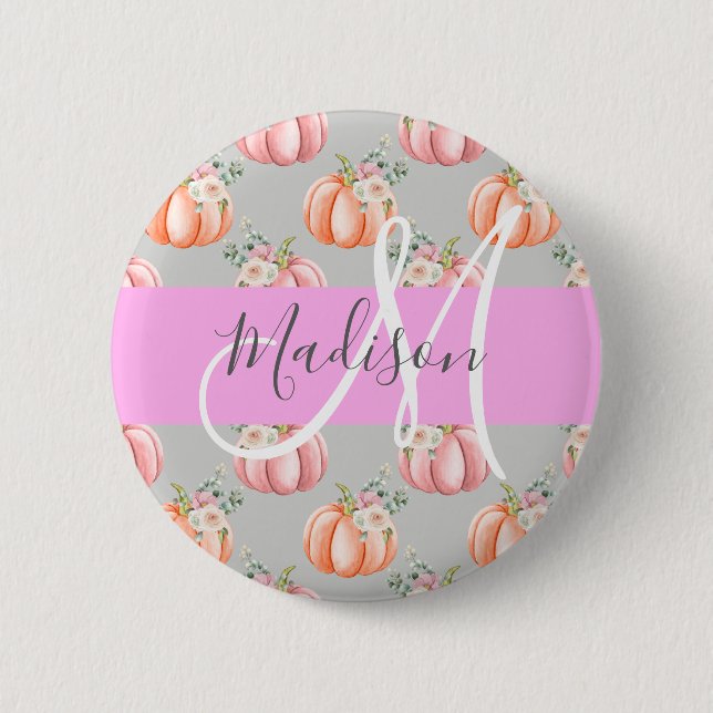 Girly Floral Gray Pink Peach Pumpkin Monogram Name Button (Front)