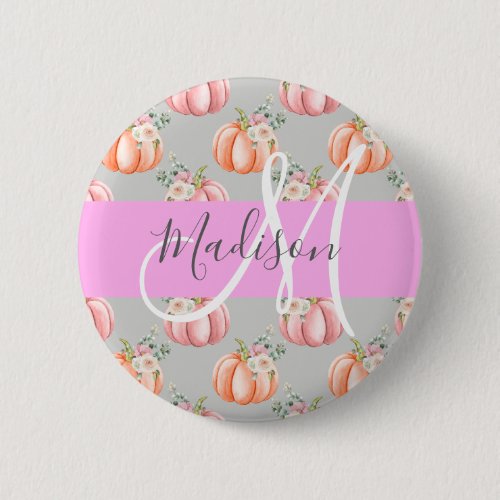 Girly Floral Gray Pink Peach Pumpkin Monogram Name Button