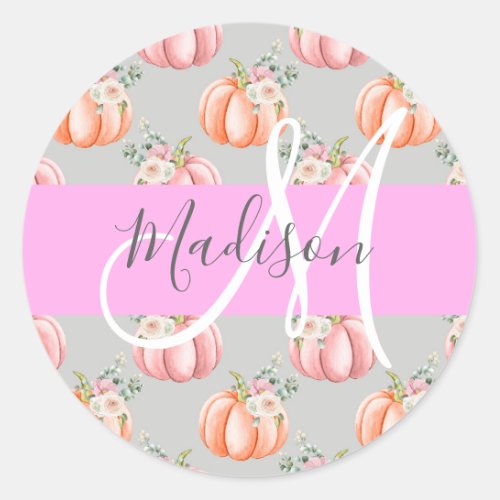 Girly Floral Gray Pink Peach Pumpkin Monogram Name Classic Round Sticker