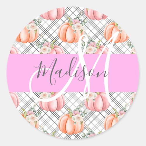 Girly Floral Gray Pink Peach Pumpkin Monogram Name Classic Round Sticker