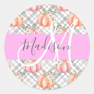 Girly Floral Gray Pink Peach Pumpkin Monogram Name Classic Round Sticker