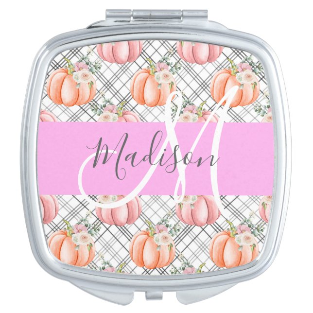 Girly Floral Gray Pink Peach Pumpkin Monogram Name Compact Mirror (Front)