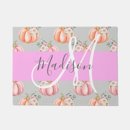 Girly Floral Gray Pink Peach Pumpkin Monogram Name Doormat