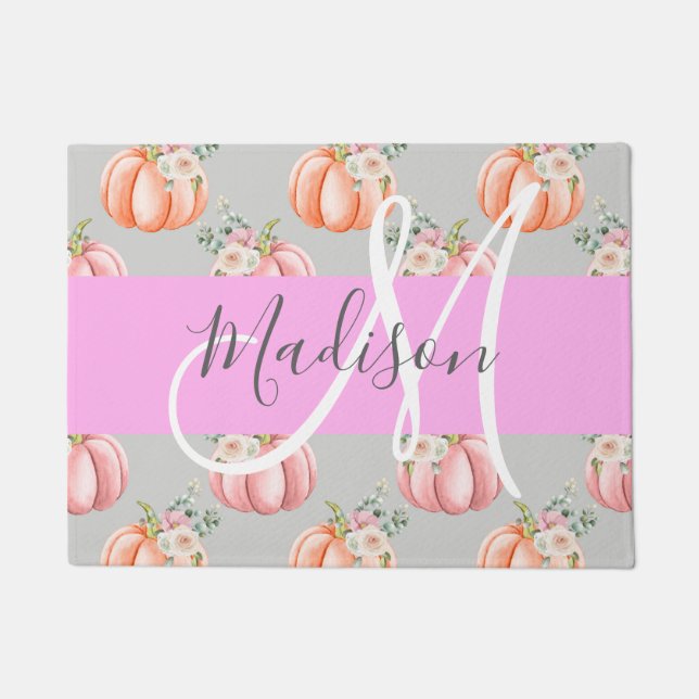 Girly Floral Gray Pink Peach Pumpkin Monogram Name Doormat (Front)