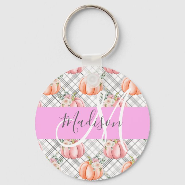 Girly Floral Gray Pink Peach Pumpkin Monogram Name Keychain (Front)