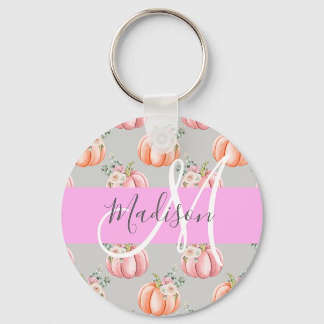 Girly Floral Gray Pink Peach Pumpkin Monogram Name Keychain (Front)