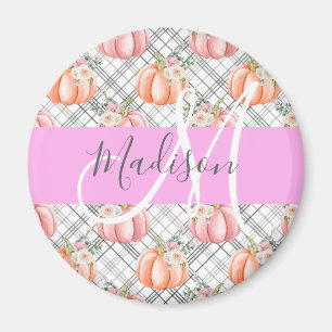 Girly Floral Gray Pink Peach Pumpkin Monogram Name Magnet