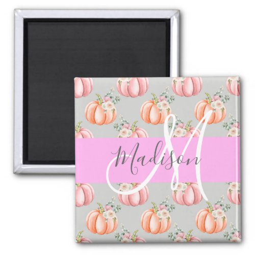 Girly Floral Gray Pink Peach Pumpkin Monogram Name Magnet