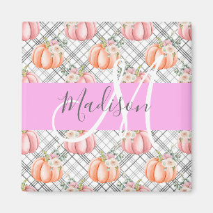 Girly Floral Gray Pink Peach Pumpkin Monogram Name Magnet