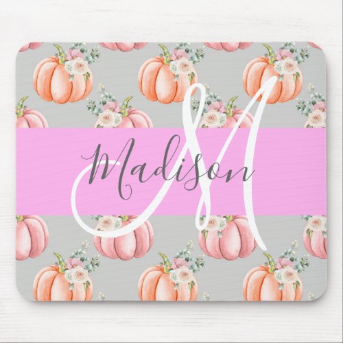 Girly Floral Gray Pink Peach Pumpkin Monogram Name Mouse Pad