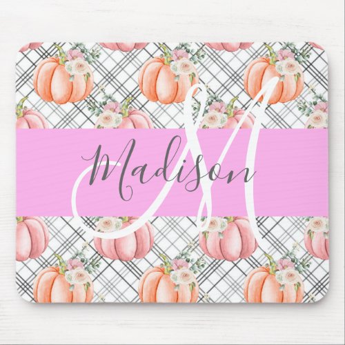 Girly Floral Gray Pink Peach Pumpkin Monogram Name Mouse Pad