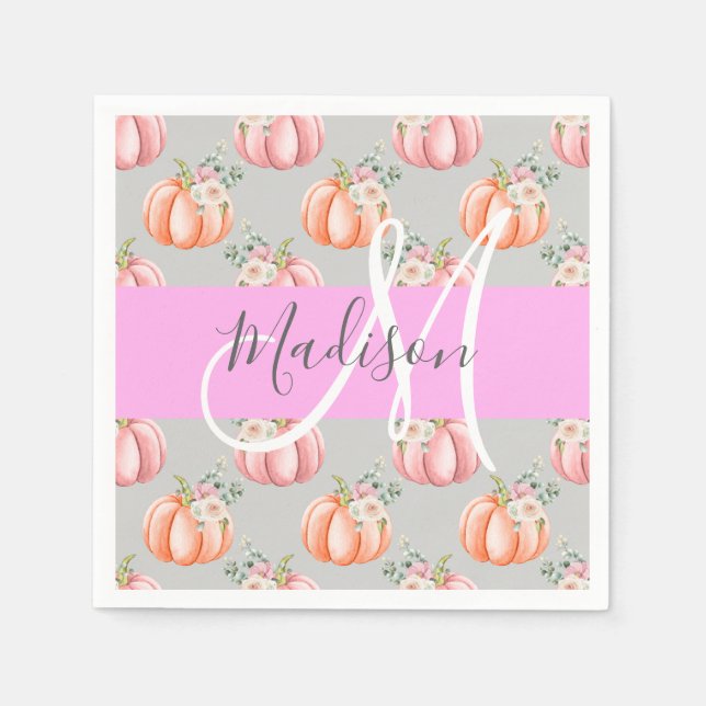 Girly Floral Gray Pink Peach Pumpkin Monogram Name Napkins (Front)