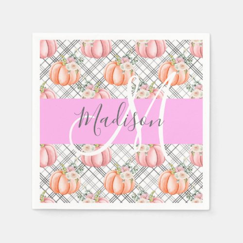 Girly Floral Gray Pink Peach Pumpkin Monogram Name Napkins