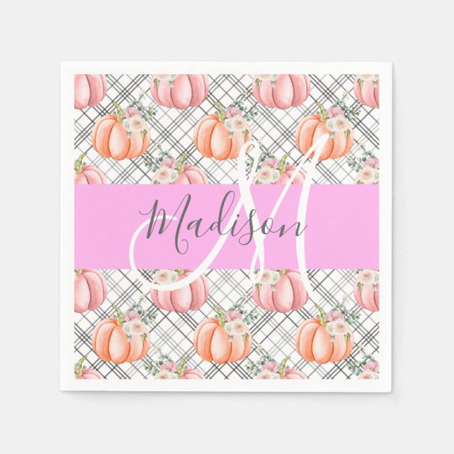Girly Floral Gray Pink Peach Pumpkin Monogram Name Napkins (Front)