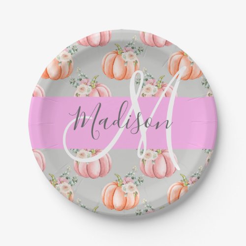 Girly Floral Gray Pink Peach Pumpkin Monogram Name Paper Plates