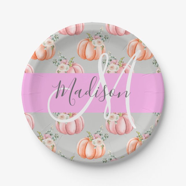 Girly Floral Gray Pink Peach Pumpkin Monogram Name Paper Plates (Front)