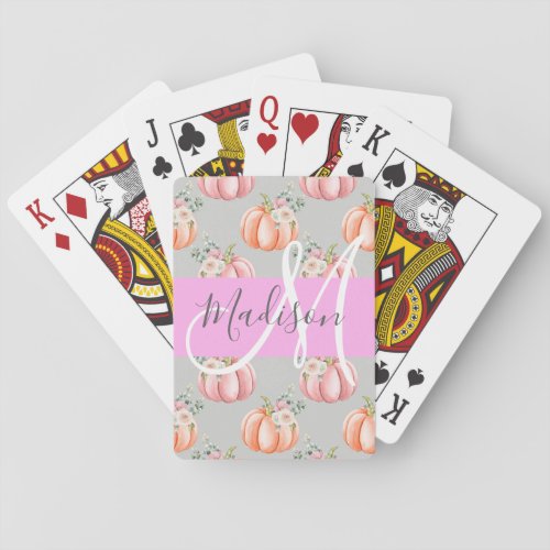 Girly Floral Gray Pink Peach Pumpkin Monogram Name Playing Cards