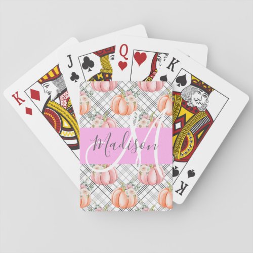 Girly Floral Gray Pink Peach Pumpkin Monogram Name Poker Cards