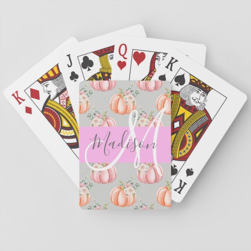 Girly Floral Gray Pink Peach Pumpkin Monogram Name Poker Cards