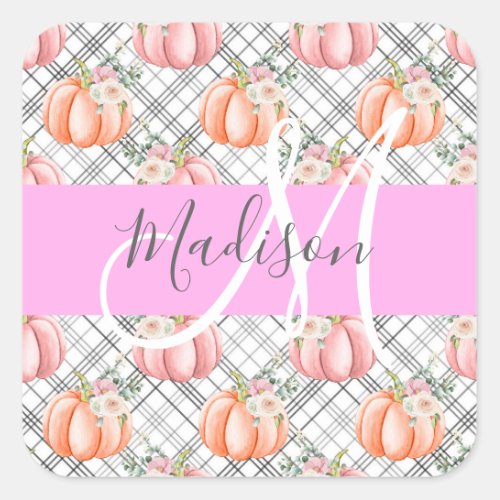 Girly Floral Gray Pink Peach Pumpkin Monogram Name Square Sticker