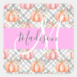 Girly Floral Gray Pink Peach Pumpkin Monogram Name Square Sticker