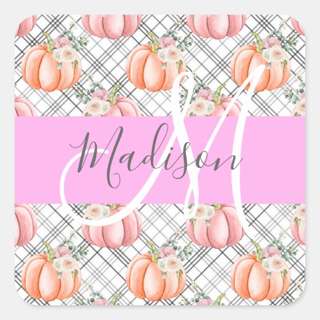 Girly Floral Gray Pink Peach Pumpkin Monogram Name Square Sticker (Front)