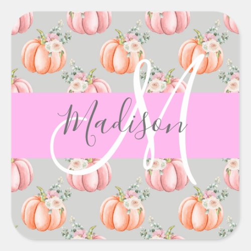 Girly Floral Gray Pink Peach Pumpkin Monogram Name Square Sticker