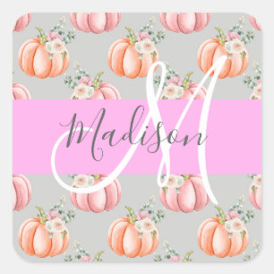 Girly Floral Gray Pink Peach Pumpkin Monogram Name Square Sticker