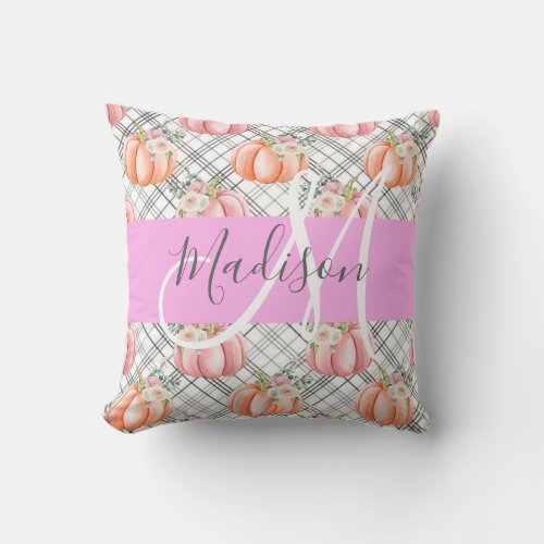 Girly Floral Gray Pink Peach Pumpkin Monogram Name Throw Pillow