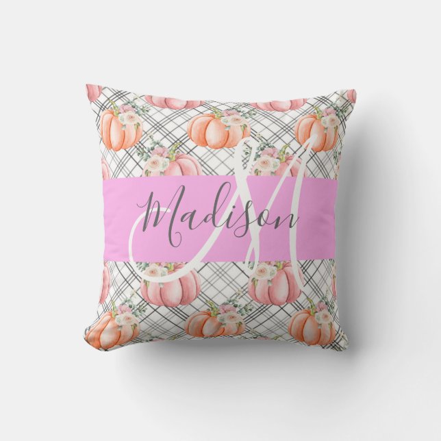Girly Floral Gray Pink Peach Pumpkin Monogram Name Throw Pillow (Front)