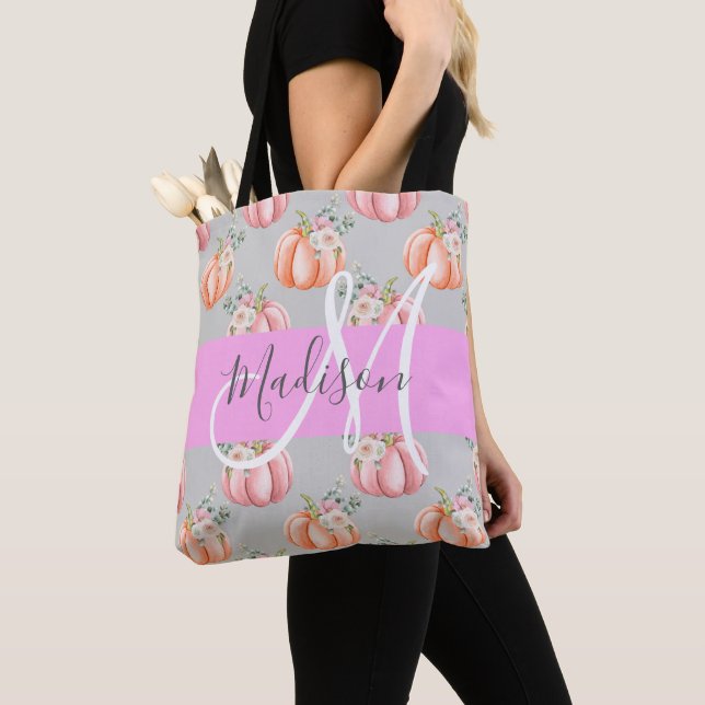 Girly Floral Gray Pink Peach Pumpkin Monogram Name Tote Bag (Close Up)