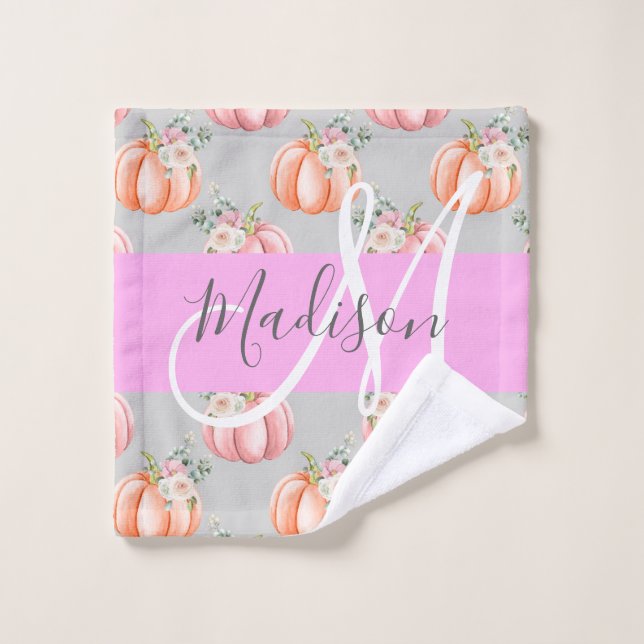 Girly Floral Gray Pink Peach Pumpkin Monogram Name Wash Cloth (Wash Cloth)