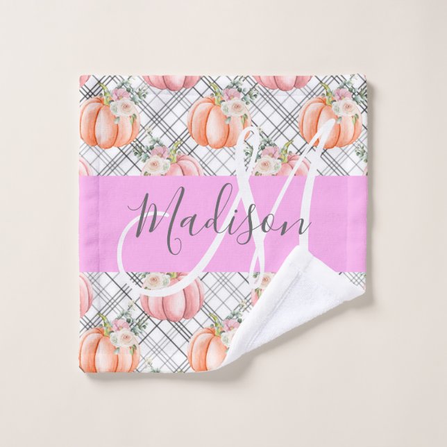 Girly Floral Gray Pink Peach Pumpkin Monogram Name Wash Cloth (Wash Cloth)