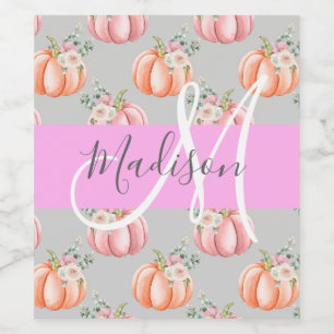 Girly Floral Gray Pink Peach Pumpkin Monogram Name Wine Label
