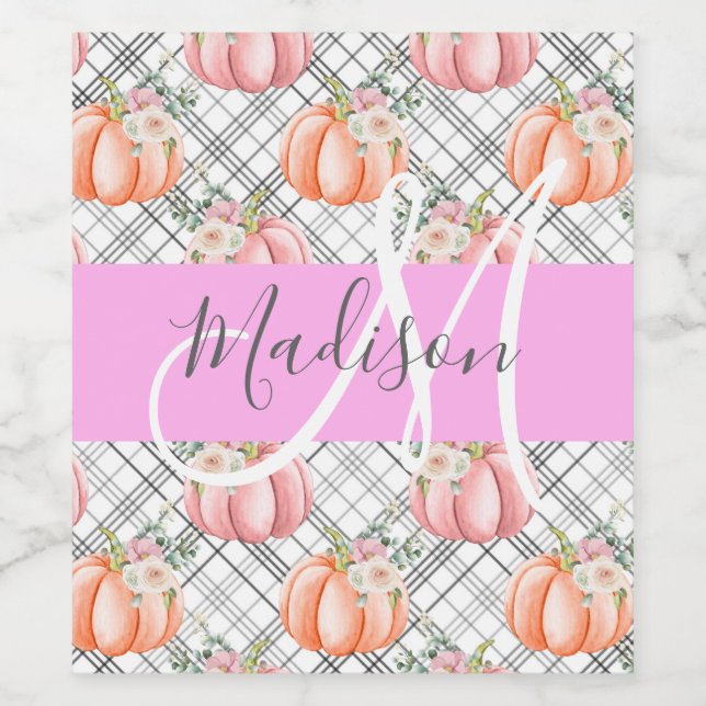 Girly Floral Gray Pink Peach Pumpkin Monogram Name Wine Label (Single Label)
