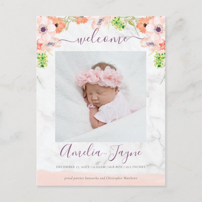 Girly Floral Marble Photo Birth Announcement Postcard (Front)