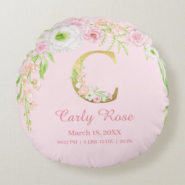 Girly Floral Monogram Baby Stats Round Pillow (Front)
