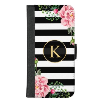 Girly Floral Monogram Black White Striped Iphone 8/7 Plus Wallet Case by CityHunter at Zazzle