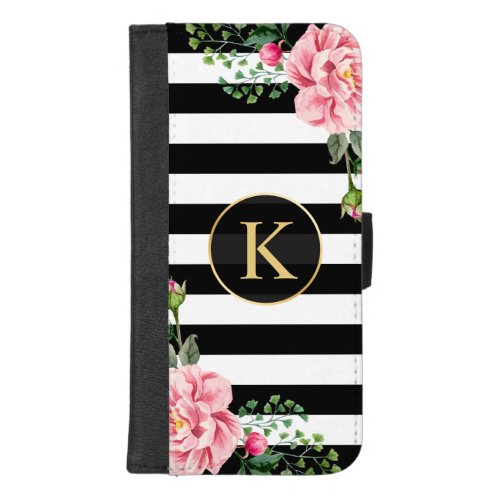 Girly Floral Monogram Black White Striped iPhone 87 Plus Wallet Case